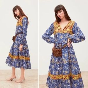 Zara Flowy Blue and Yellow Contrast Peasant Dress XS